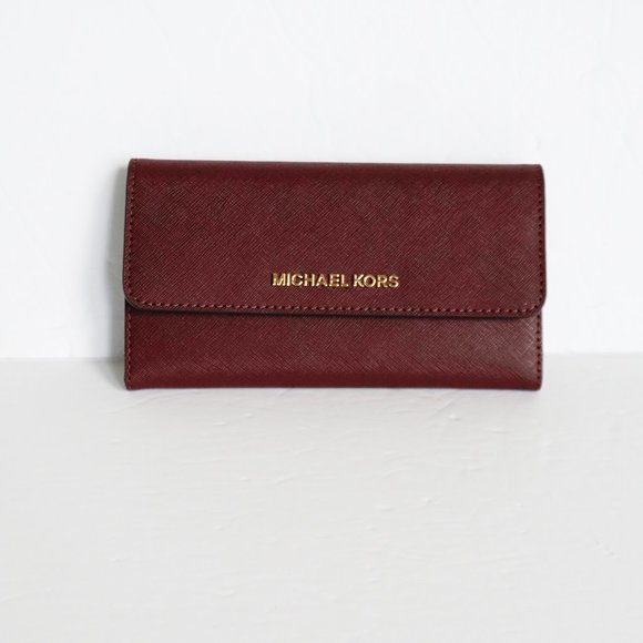 Michael Kors Jet Set Travel Large Trifold Wallet Merlot - Picture 1 of 8